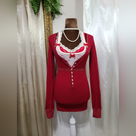 ♡ Y2K ♡ Hollister Red Empire Waist Button Down Babydoll Henley